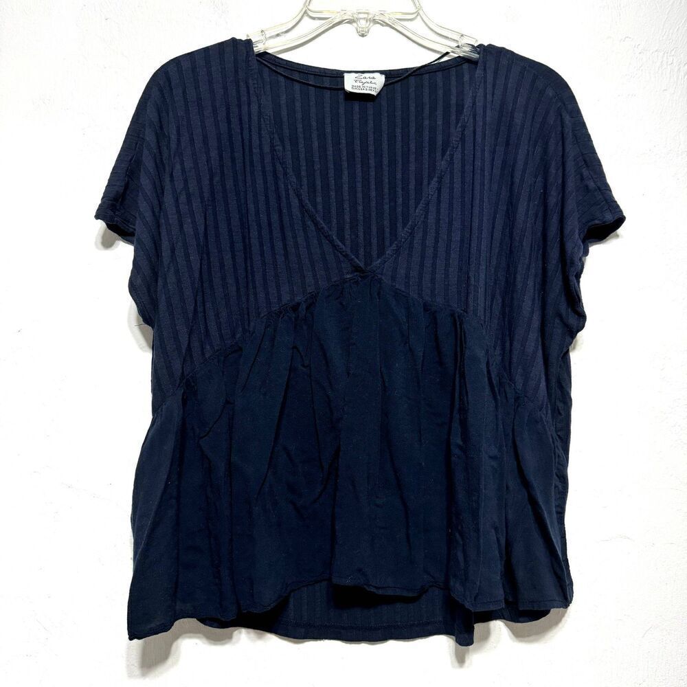 Zara Trafaluc Blouse Women sz Small V-Neck Pullover Navy Blue Top Boxy Oversized